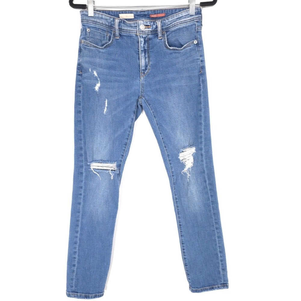 ANTHROPOLOGIE PILCRO Distressed Skinny Jeans Women 27 Blue Mid Rise Cropped